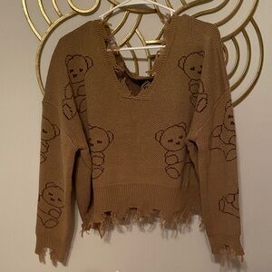 Cozy Brown V-Neck Sweater with Bear Pattern